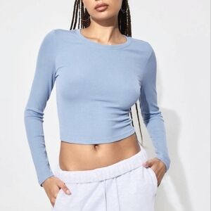 New Talentless Womens Ribbed Crew Neck Long Sleeve Blue Gray Crop Tee Top Size M